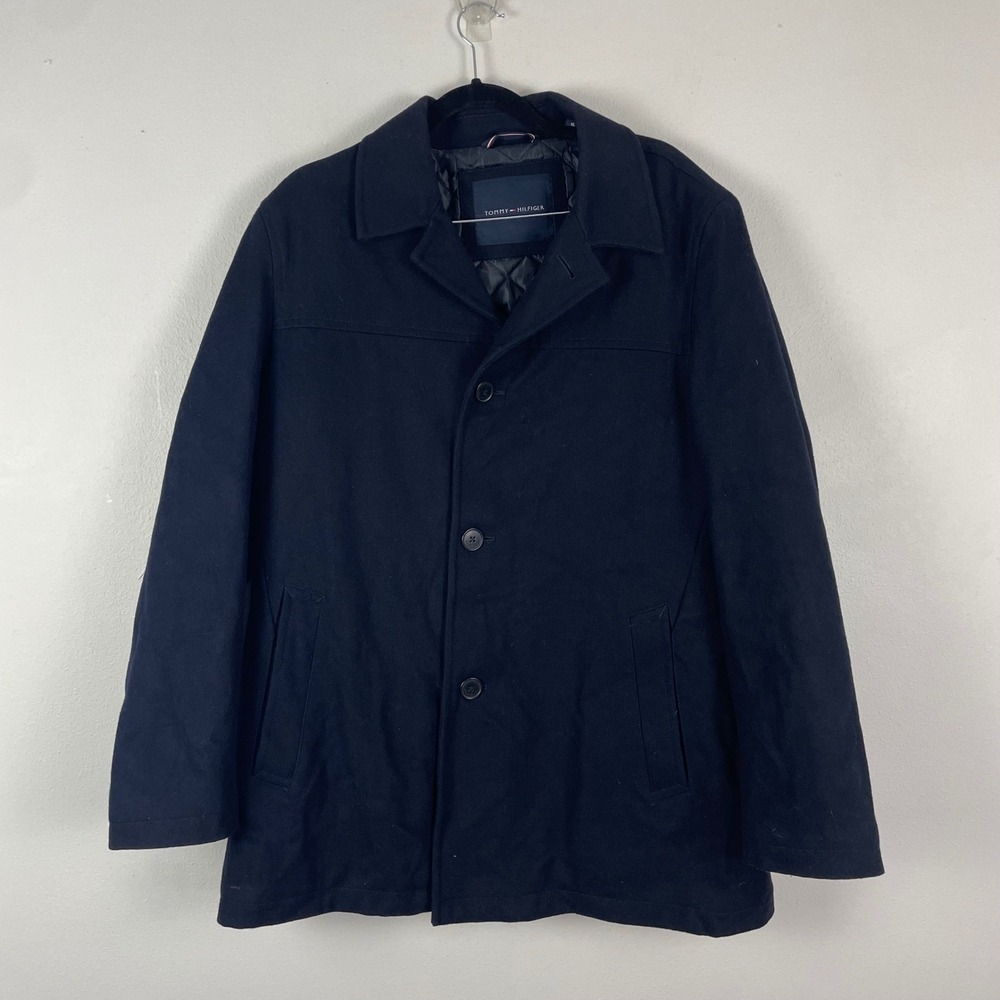 Tommy Hilfiger Men's Wool Blend Peacoat Navy Blue Size XL Quilted Lined Classic